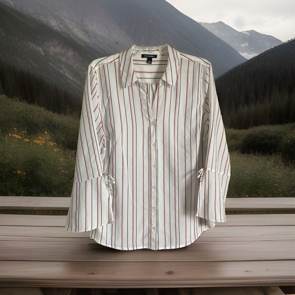 Roz & Ali Top XL Striped White Pink Flared Sleeves Lightweight Button Front